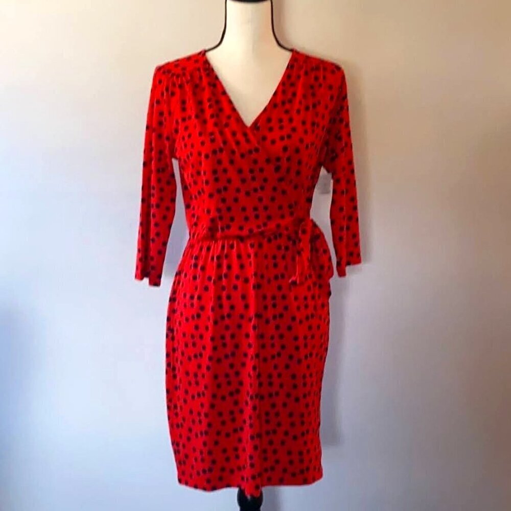 MUD PIE V NECK 3/4 SLEEVES FAUX‎ WRAP RED WITH BLACK POLKA DOTS DRESS SZ S